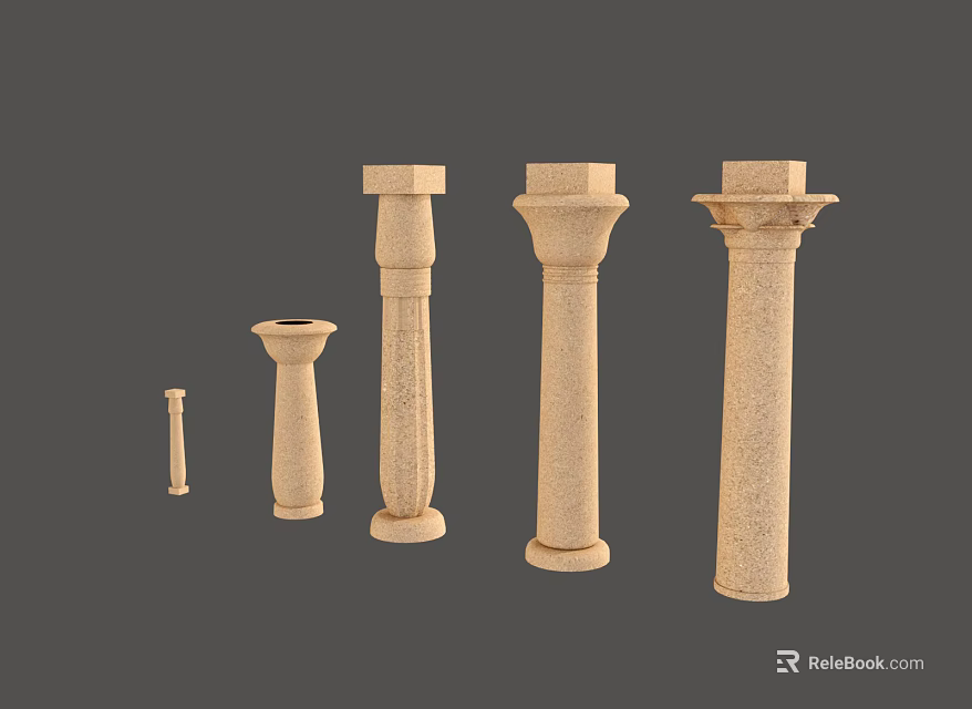 Stone Columns In Various Styles And Different Sizes Displayed On Gray Background 3d model