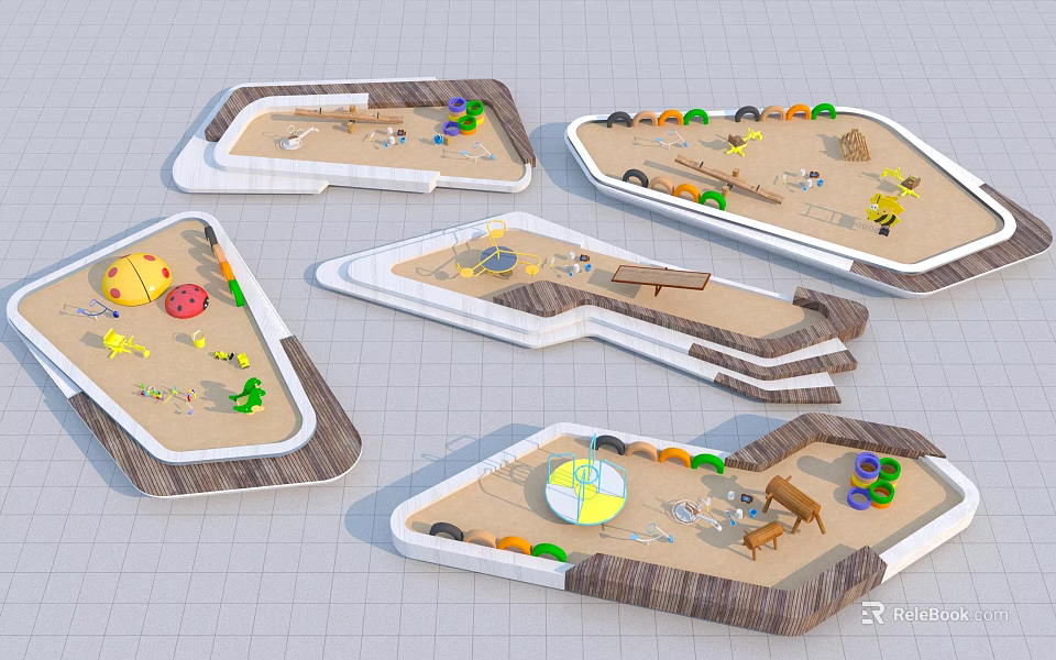 Colorful Children's Playground Equipment With Shaped Sandpits Toys Benches And Play Areas 3d model 