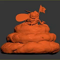 Red 3D Printed Cartoon Fly Model Sitting On Poop Holding Small Flag