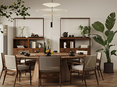Modern Restaurant Interior With Open Design Wooden Dining Table Green Plants And Hanging Lights 3d model