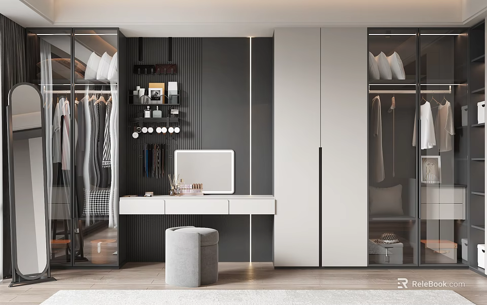 Modern Closet Design With Glass Doors Shelves Hanging Rods And Dressing Mirror 3d model 
