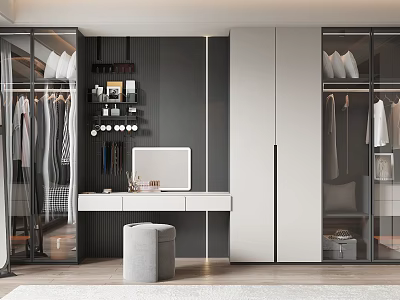 Modern Closet Design With Glass Doors Shelves Hanging Rods And Dressing Mirror 3d model
