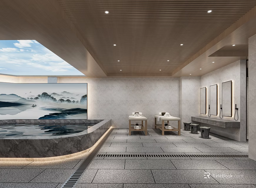 Serene SPA Sauna Interior With Scenery Mural Soaking Tub And Massage Tables 3d model 