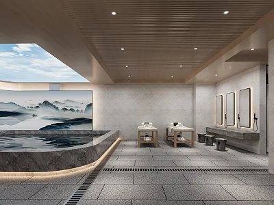 Serene SPA Sauna Interior With Scenery Mural Soaking Tub And Massage Tables 3d model