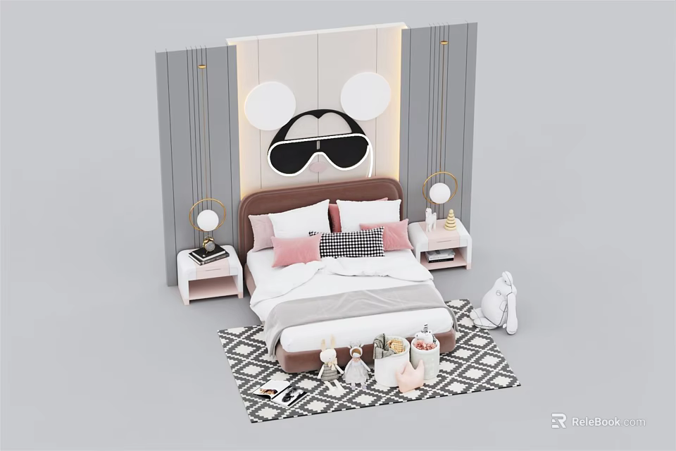 Double Bed Bedroom Interior With Mickey Mouse Ears Decor Nightstands Table Lamps And Pillows 3d model 