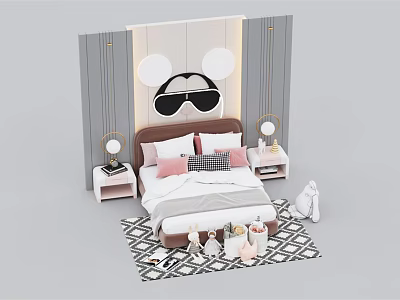 Double Bed Bedroom Interior With Mickey Mouse Ears Decor Nightstands Table Lamps And Pillows 3d model