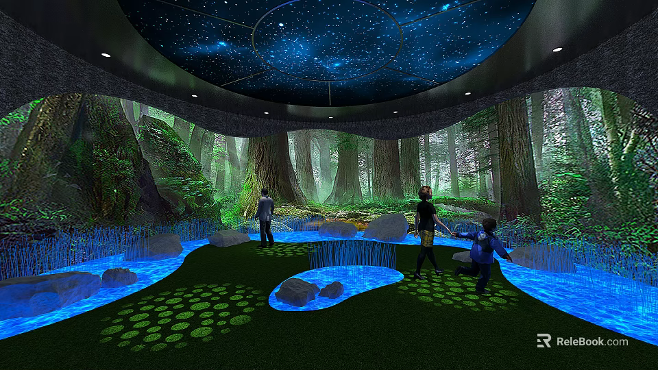 People Interacting In Indoor Forest With Starry Sky Ceiling And Projection Floor 3d model