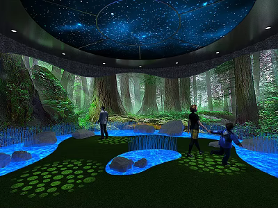 People Interacting In Indoor Forest With Starry Sky Ceiling And Projection Floor 3d model
