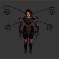 Sci Fi Character With Red Hair And Mechanical Arms In Black Pink Armor