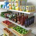 Display Shelves Stocked with Green Tea Beverages and Fresh Fruits in Wooden Crates