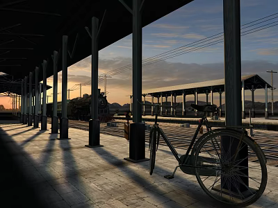 Covered Parking Lot With Bicycle Parked During Sunset And Well Lit Spacious Paved Area 3d model