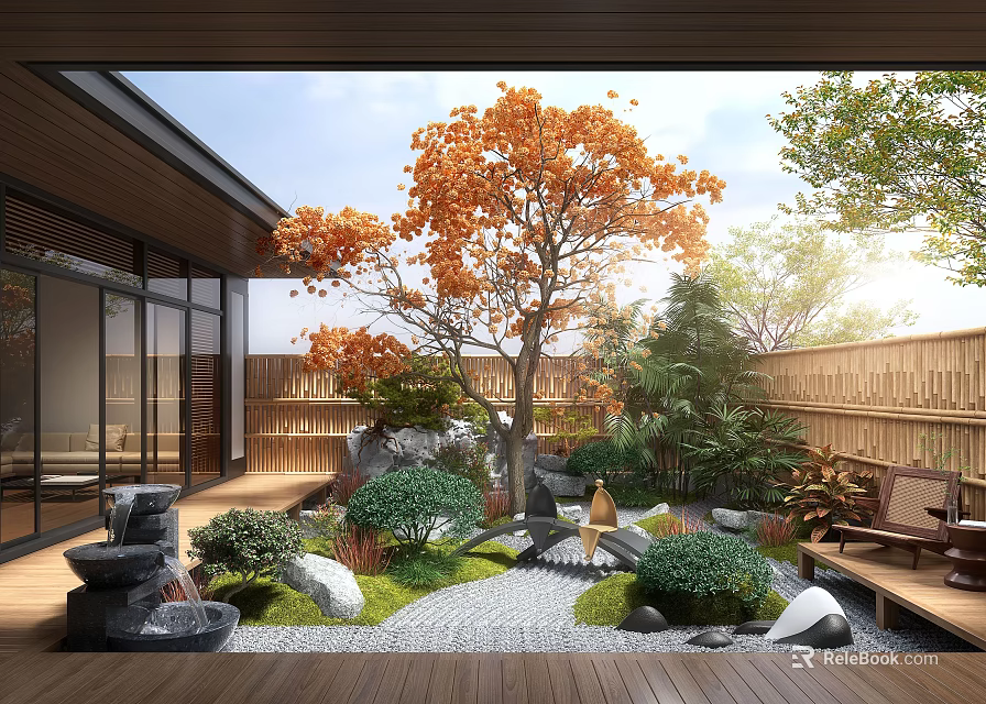 Japanese Style Courtyard Garden With Orange Leaved Tree Green Shrubs Pebble Path And Wooden Bench 3d model 