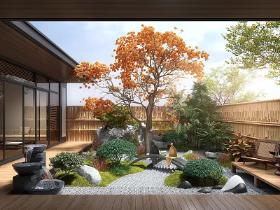Japanese Style Courtyard Garden With Orange Leaved Tree Green Shrubs Pebble Path And Wooden Bench 3d model