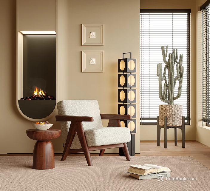 Modern Accent Chair With Fireplace Floor Lamp Cactus Plant Side Table Rug And Open Book 3d model 