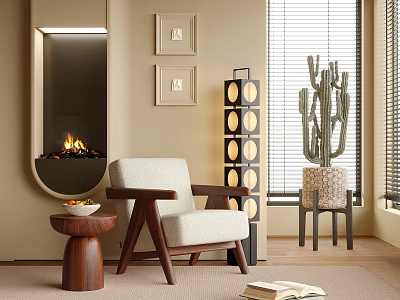 Modern Accent Chair With Fireplace Floor Lamp Cactus Plant Side Table Rug And Open Book 3d model
