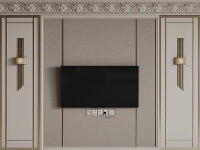 Bedroom Accent Wall With Light Gray Paneling Golden Lines Ornate Trim And Wall Sconces 3d model