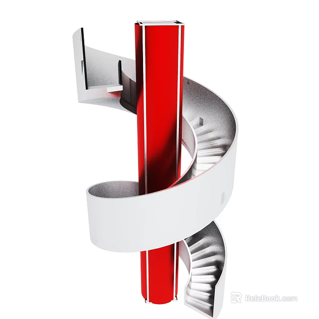 Stylish White Spiral Staircase With Red Central Pillar Design Elements 3d model