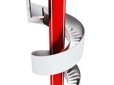Stylish White Spiral Staircase With Red Central Pillar Design Elements 3d model