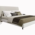 Modern Double Bed With Cream Striped Upholstered Headboard Multiple Pillows And Side Table 3d model