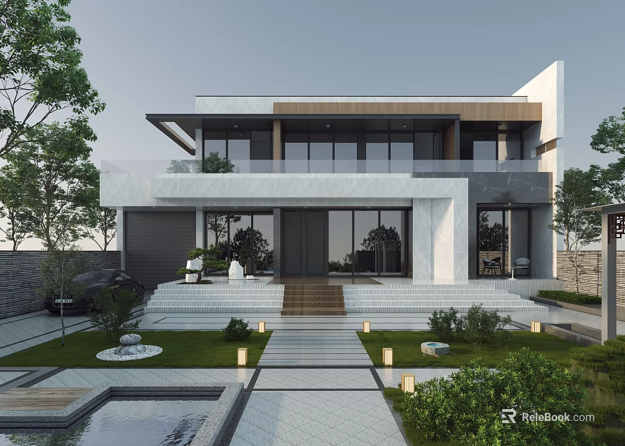 Modern Single Family Villa Exterior Design With Garden Steps And Water Feature 3d model 
