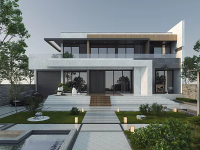 Modern Single Family Villa Exterior Design With Garden Steps And Water Feature 3d model