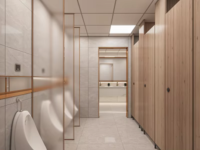 Modern Public Restroom With Urinals And Wooden Partitions 3d model