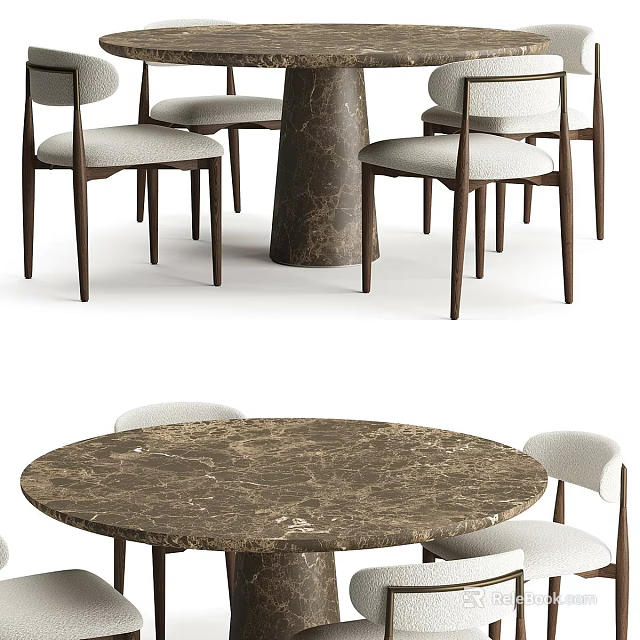 Modern Round Dining Table Set With Marble Top And Upholstered Wooden Leg Chairs 3d model 