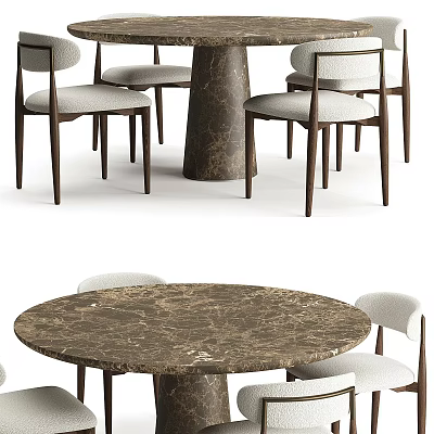 Modern Round Dining Table Set With Marble Top And Upholstered Wooden Leg Chairs 3d model