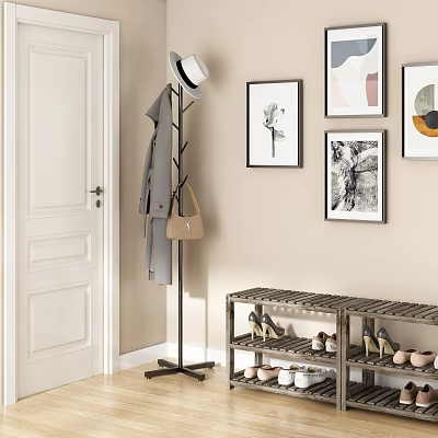 Coat Rack In Beige Entryway With Hat Coat And Handbag 3d model