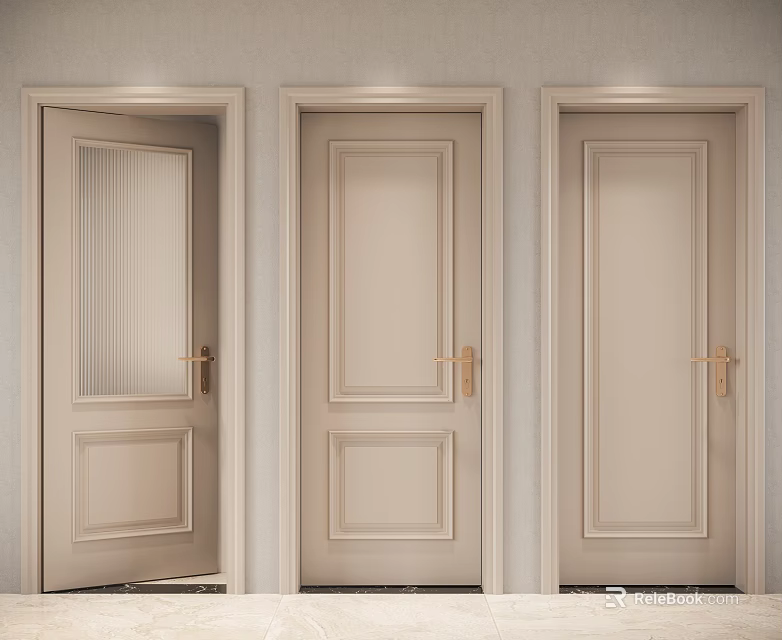 Cream Colored Swing Doors Featuring Simple Design Glass Panel And Golden Handles 3d model
