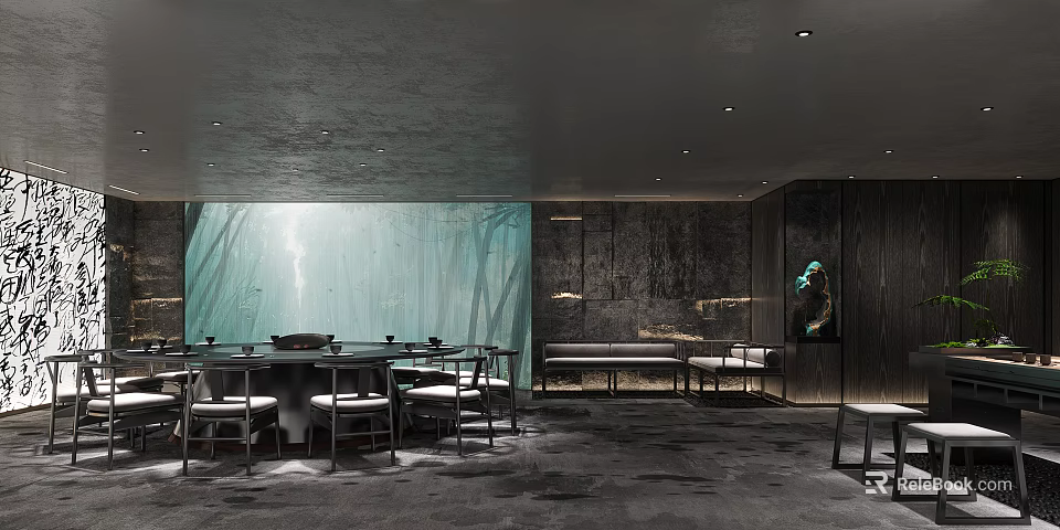 Modern Private Room Interior Design With Round Dining Table Comfortable Chairs And Wall Decor 3d model 