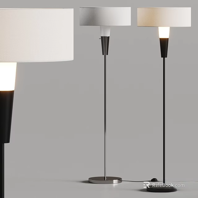 Modern Floor Lamp With White Shade And Black Slim Metal Stand Design 3d model 