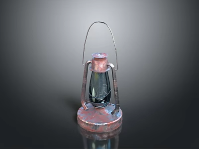 Vintage Copper Lantern With Metal Handle And Glass Shade On Round Base 3d model