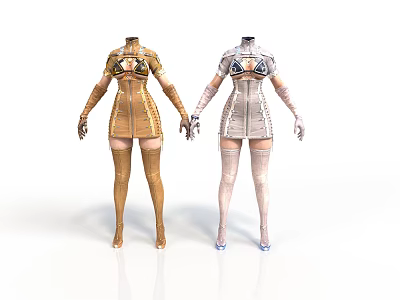 Fashion Mannequins In Fitted Golden And White Designer Outfits With Long Boots 3d model