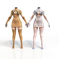 Fashion Mannequins In Fitted Golden And White Designer Outfits With Long Boots