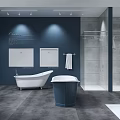 Modern Exhibition Booth Displaying Bathroom Products With Glass Walls Bathtubs Vanities And Tiles