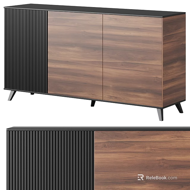 Modern Walnut Entryway Console Cabinet Sideboard With Ribbed Black Panels And Tapered Legs 3d model 