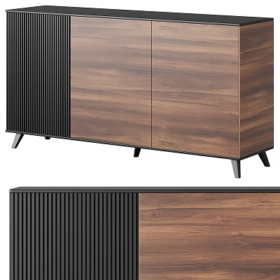 Modern Walnut Entryway Console Cabinet Sideboard With Ribbed Black Panels And Tapered Legs 3d model