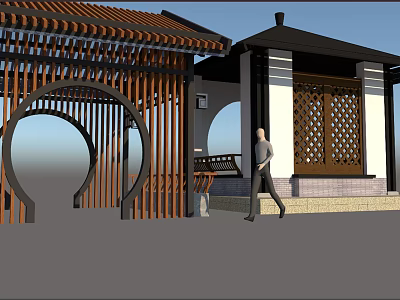 Chinese Traditional Landscape Pavilion With Wooden Lattice Windows Arched Corridor And Person Walking 3d model