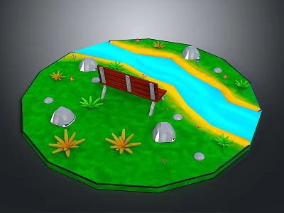 Miniature Landscape Scene With Green Grass Blue River Stones Flowers And Bench 3d model