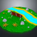 Miniature Landscape Scene With Green Grass Blue River Stones Flowers And Bench