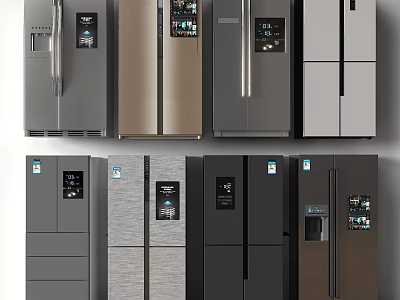 Various Modern Refrigerators And Freezers With Different Colors And Smart Features 3d model