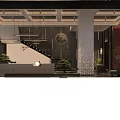 Hotel Lobby With Modern Chinese Style Decorative Pillar Hanging Lights Landscape Painting And Green Plant