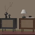 Modern Black and Brown Bedside Tables with Woven Panels Table Lamp Vase Coffee Cup Book