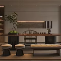 Modern Tea Room Interior Design With Wooden Table Chair Stools Green Plant And Tea Sets