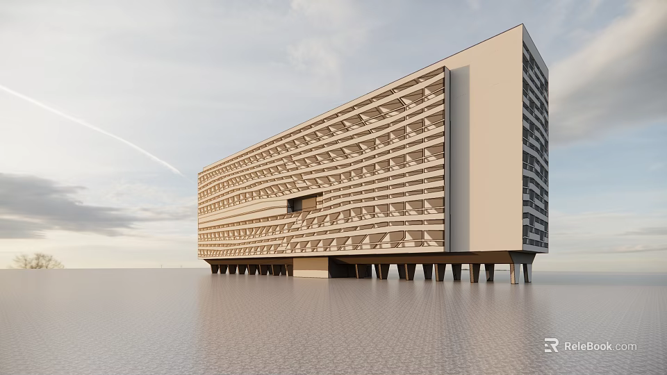 Modern White Architectural Structure With Geometric Design And Water Reflection On Supporting Pillars 3d model 