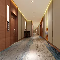 Modern Hotel Corridor With Decorative Walls Patterned Carpet Wooden Doors And Recessed Lighting