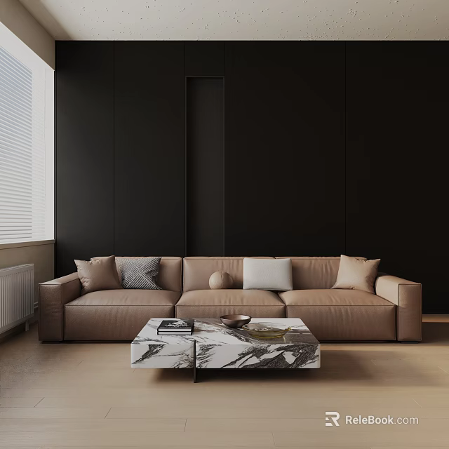 Beige Three Seater Sofa in Modern Living Room with Marble Coffee Table Against Dark Wall 3d model 