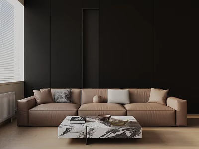 Beige Three Seater Sofa in Modern Living Room with Marble Coffee Table Against Dark Wall 3d model