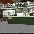 Modern Bubble Tea Shop Interior With Green Counter And Wooden Seating Area
